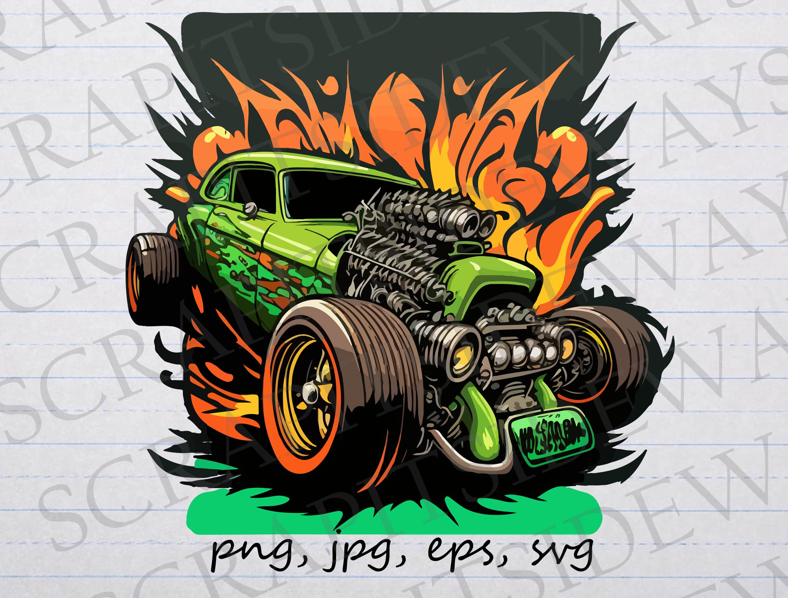 Green Hot Rod With Flames Clipart Vector Graphic Svg Png Jpg Eps Hotrod ...