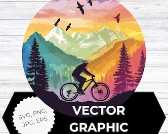 Mountain Biker Clipart | Cyclist Riding in Front of Colorful Mountainscape | SVG png eps jpg | Outdoor Adventure Digital Art for Stickers