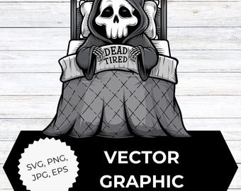 Clipart fofo de Ceifador deitado na cama | Vetor de Halloween "Morto de Cansado" SVG PNG eps jpeg | Download digital para adesivos e artesanato