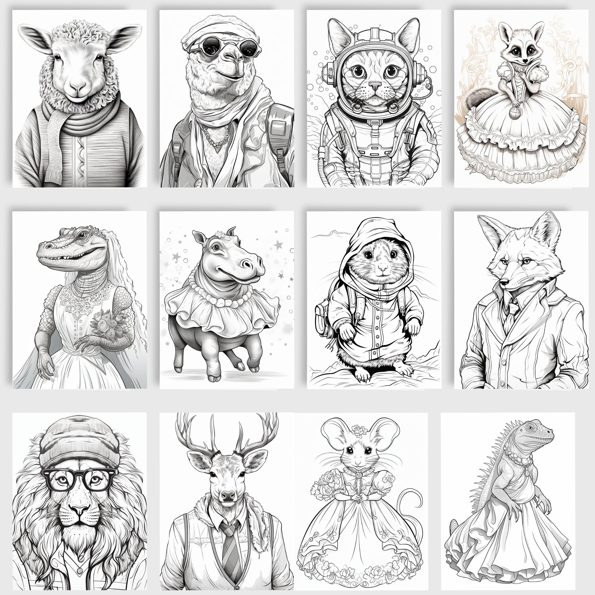 Animals in Clothes Grayscale Coloring Book 33 Pages Adult Coloring ...