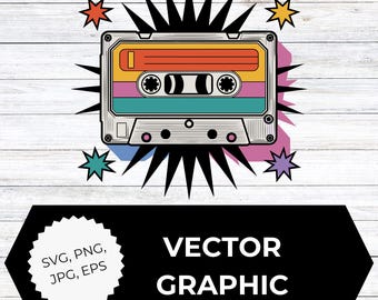 Retro 80s Cassette Tape Clipart | Vintage Mixtape SVG PNG jpg eps | Colorful 1980s Digital Download for Crafts, Stickers, Prints, vector