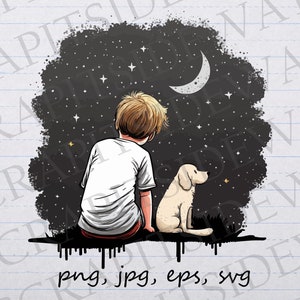 Kleine jongen sterrenkijken met zijn hond clipart vectorafbeelding svg png jpg eps t-shirt ontwerp sticker ontwerp sterrenhemel sterren kijken
