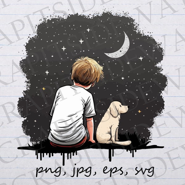 Little boy star gazing with his dog clipart vector graphic svg png jpg eps t-shirt design sticker design starry night sky star watching