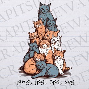 以下が含まれることがあります： オレンジとブルーの交互の色で、9匹の猫が積み重なっているデジタルイラスト。猫はピラミッド型に積み重なっており、一番上の猫が一番大きく、一番下の猫が一番小さい。猫はすべて鑑賞者を見ている。