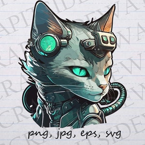 May include: A digital illustration of a white cat with blue eyes and a futuristic helmet. The cat is wearing a black and silver suit with a blue and silver hose attached to the helmet.