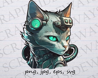 Cute cyberpunk cat clip art clipart vector graphic svg png jpg eps, sci fi cat, cyborg cat, futuristic cat