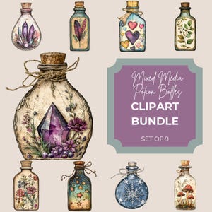 Puede incluir: Conjunto de nueve imágenes prediseñadas de acuarela de botellas de pociones de medios mixtos. Cada botella presenta diseños únicos, incluyendo cristales, plumas, corazones y elementos florales. Las botellas están selladas con corchos y atadas con hilo. El texto es "Mixed Media Potion Bottles Clipart Bundle Set of 9."