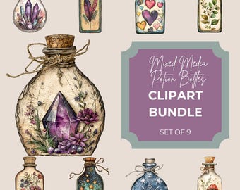 May include: Watercolor clipart bundle of nine mixed media potion bottles. Each bottle features unique designs, including crystals, feathers, hearts, and floral elements. The bottles are sealed with corks and tied with twine. The image includes the text "Mixed Media Potion Bottles Clipart Bundle Set of 9."