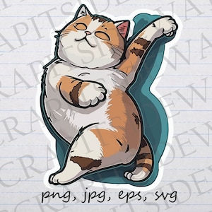 Peut inclure: Une illustration de dessin animé d'un chat orange et blanc dodu s'étirant avec ses bras levés au-dessus de sa tête. Le chat est délimité en bleu et a une expression joyeuse sur son visage.