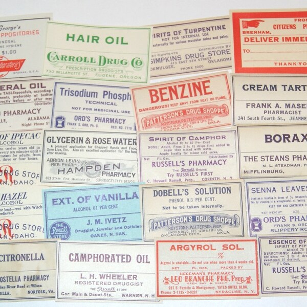 Lot of 20 Vintage Apothecary Labels Pharmacy Chemist Medicine Bottles for Scrapbooking Crafts Collage Altered Art (Lot 1)