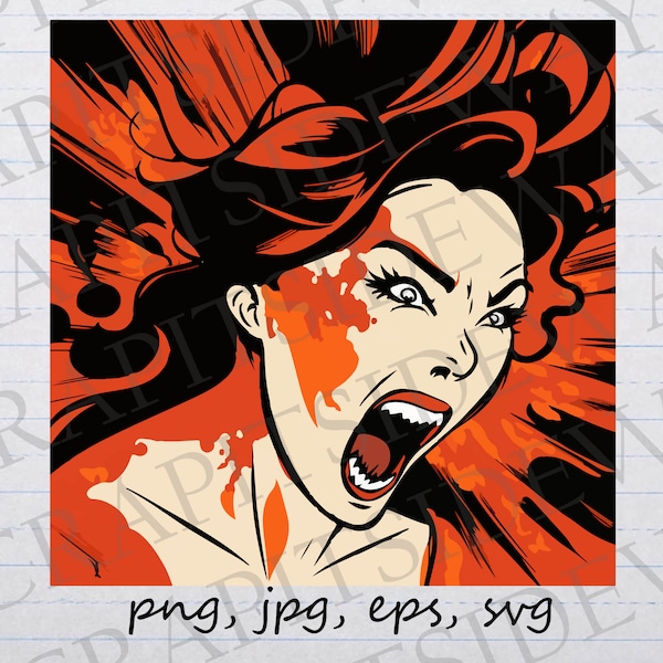 Comic book angry woman clipart vector graphic svg png jpg eps screaming woman comic book style