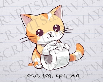 Cat with toilet paper clip art clipart vector graphic svg png jpg eps sticker design t-shirt design toilet paper destroyer cat mom cat dad