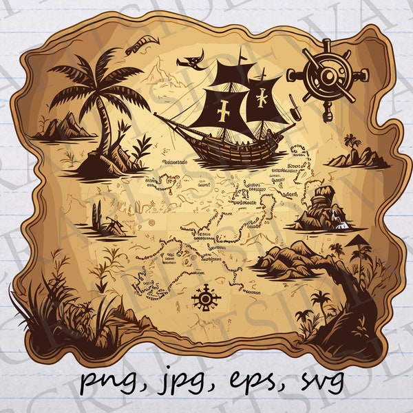 Pirate Map clipart vector graphic svg png jpg eps pirate ship ocean chart treasure map