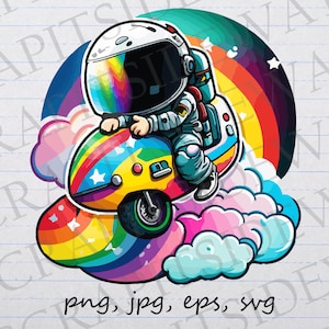 Astronaut riding a rainbow clipart vector graphic svg png jpg eps moped space galaxy clouds
