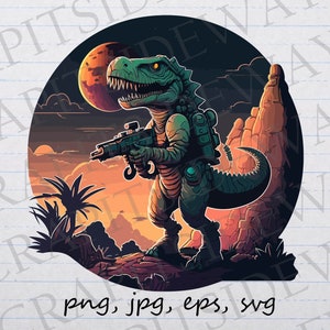 Retro dinosaur explorer clipart vector graphic svg png jpg eps sci-fi space dino with a gun