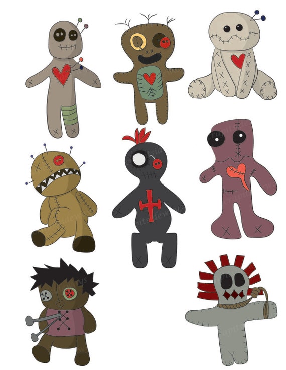Set of 8 Voodoo Dolls Hand Drawn Digital Clipart Images VG 016 Printable Vectors Graphics Halloween Magic New Orleans Cute Creepy Occult