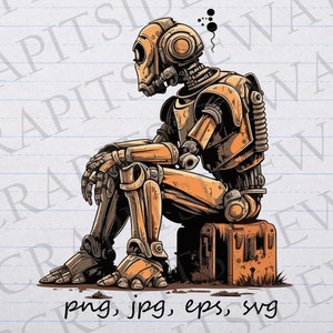 Robot pensador 2 clipart vector gráfico SVG PNG JPG EPS diseño de calcomanía diseño de camiseta pensamiento profundo robot triste