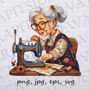 May include: A cartoon illustration of a woman with gray hair sewing on a vintage sewing machine. She is wearing a floral dress and has a focused expression on her face. The sewing machine is red, blue, and black with a white bobbin.
