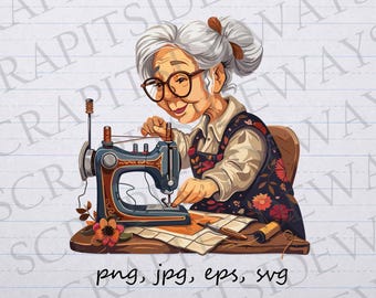 Whimsical granny at sewing machine clip art clipart vector graphic svg png jpg eps, old woman, quilter, quilting, seamstress, sewing grandma