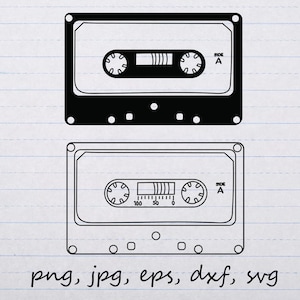 カセットテープ シルエット アウトライン クリップアート ベクター グラフィック デジタル スタンプ svg png jpg eps dxf cricut カッティング ファイル 黒 白 80 年代