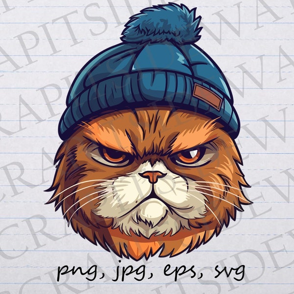 Grumpy cat in winter hat clipart vector graphic svg png jpg eps kitty kitten angry cat angry kitty