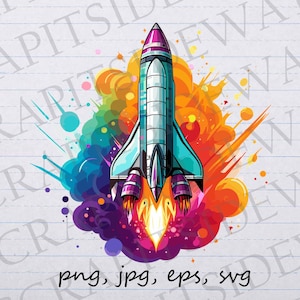 Rainbow space shuttle clip art clipart vector graphic svg png jpg eps, space ship, spaceship, rocket ship, colorful rocket ship
