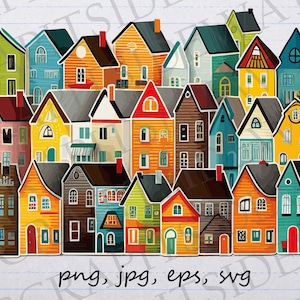 Puede incluir: Una ilustración colorida de un pueblo con muchas casas de diferentes formas y tamaños. Las casas están pintadas en colores brillantes, incluyendo rojo, amarillo, azul, verde y naranja. La ilustración está sobre un fondo azul claro con líneas blancas.