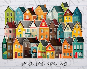 Rows of houses clip art clipart vector graphic svg png jpg eps, buildings, city, colorful town, whimsical town