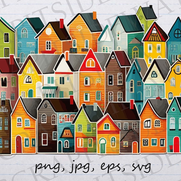 Rows of houses clip art clipart vector graphic svg png jpg eps, buildings, city, colorful town, whimsical town