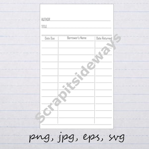 Bibliotheekkaart clipart vectorafbeelding digitale stempel svg png jpg eps bibliotheekboek lenen retourkaart