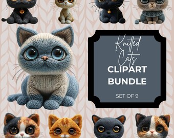 Knitted Cat Clipart Set – 9 Yarn Cats – Cozy Handmade Style Digital Illustrations for Crafts & Scrapbooking