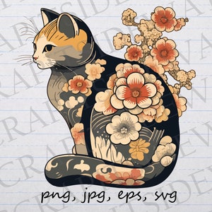Japanese flowers cat clipart vector graphic svg png jpg eps japan japanese pattern kitty cat with tattoos