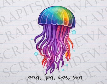 Rainbow jellyfish clip art clipart vector graphic svg png jpg eps, under the sea, sea life, ocean, cute jelly fish