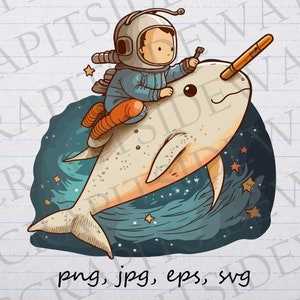 Astronauta montando un narval clipart vector gráfico svg png jpg eps lindo espacio exterior océano