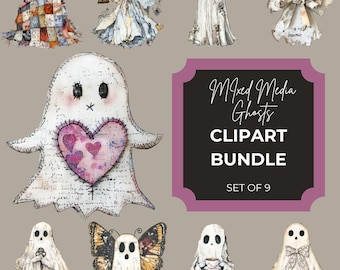 Mixed Media Shabby Chic Ghosts Clipart Set | 9 PNG Watercolor Collage Halloween Graphics | Junk Journal, Scrapbook, Digital Ephemera