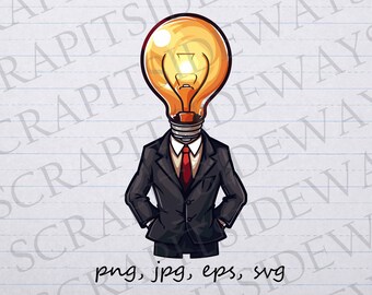 Lightbulb business man clip art clipart vector graphic svg png jpg eps, lightbulb head, man with ideas, idea man