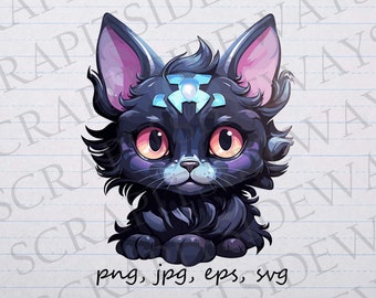 May include: A digital illustration of a stylized black cat with large, expressive eyes. The cat has a blue and purple color scheme with a geometric design on its forehead. The image includes the text "png, jpg, eps, svg".