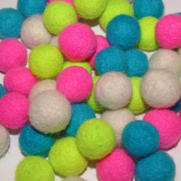 Lot of 50 Felt Balls Felt Beads Needle Felted 20 -24 mm Wool Neon Bright Vibrant Colors Pebbles Green Blue Pink White