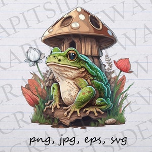 Grenouille mignonne avec champignon maison clipart clipart vectoriel svg png jpg eps Grenouille mignonne, grenouille champignon vénéneux, scène de grenouille, crapaud,