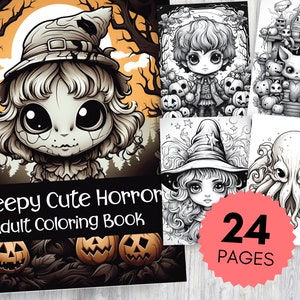 Creepy Cute Horror Grayscale Libro para colorear 24 páginas para adultos para colorear descarga digital PDF imprimible Halloween zombie bruja monstruo Drácula