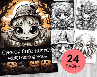 Creepy Cute Horror Grayscale Coloring book 24 pages adult coloring digital download PDF printable Halloween zombie witch monster Dracula