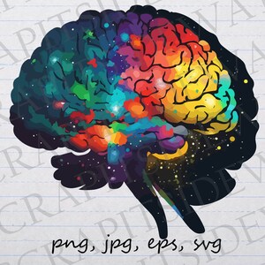 May include: A colourful brain silhouette with a galaxy background. The brain is filled with vibrant colours, including red, orange, yellow, green, blue, and purple. The galaxy background is dark blue with white stars.