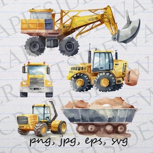 Veículos de construção em aquarela clipart vetor gráfico svg png jpg eps Conjunto de 4 caminhões de construção