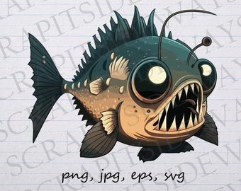 Cute angler fish clipart vector graphic svg png jpg eps scary fish ocean deep water