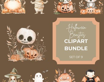 Halloween monsters and Beasties Clipart Clip art Set of 9 PNG graphics for Planners, digital Stickers, scrapbooking, watercolor, Fall