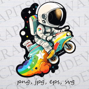 Astronaut riding a rainbow clipart vector graphic svg png jpg eps moped space galaxy