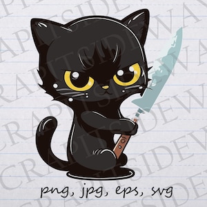 Cat with knife clipart vector graphic svg png jpg eps creepy kitty murder cat scary cat