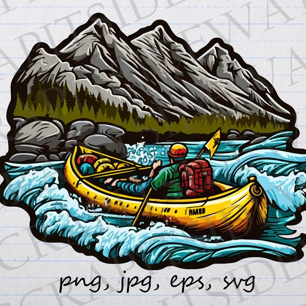 Canoeing clipart vector graphic svg png jpg eps canoe mountains scene