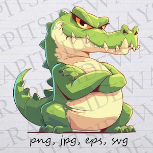 May include: A cartoon illustration of a green alligator with an angry expression, arms crossed. The alligator has a light tan belly and sharp teeth. Text at the bottom reads "png, jpg, eps, svg".