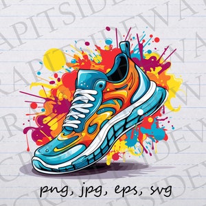 May include: A blue, orange, and yellow sneaker with white laces and a colorful paint splatter background.